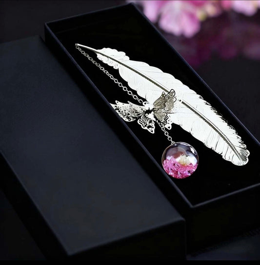 Unique Metal Feather Bookmark With Butterfly Charm