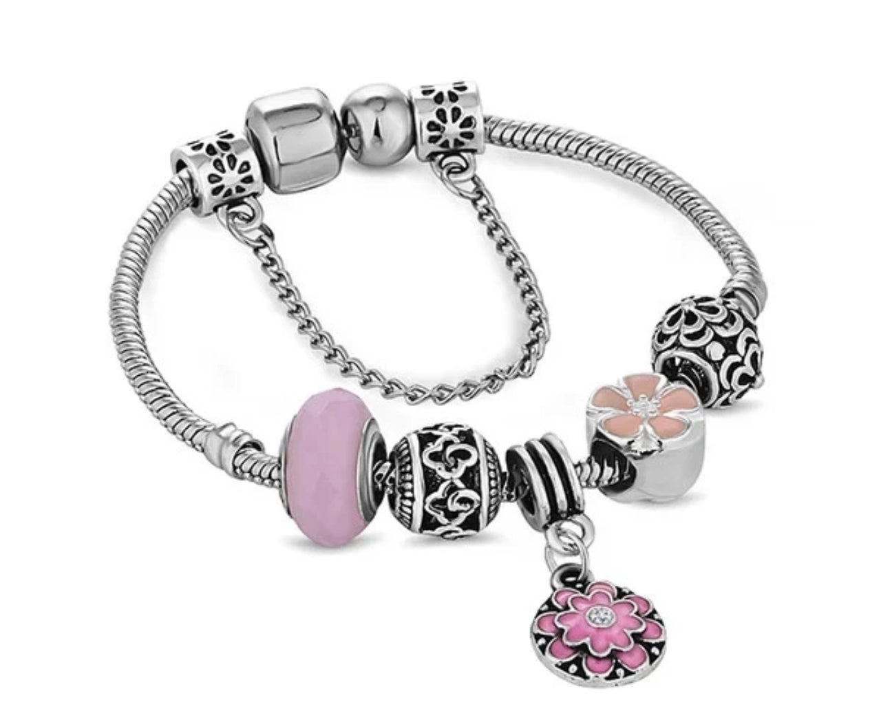 Diamond Style Floral Pink Charm Bracelet