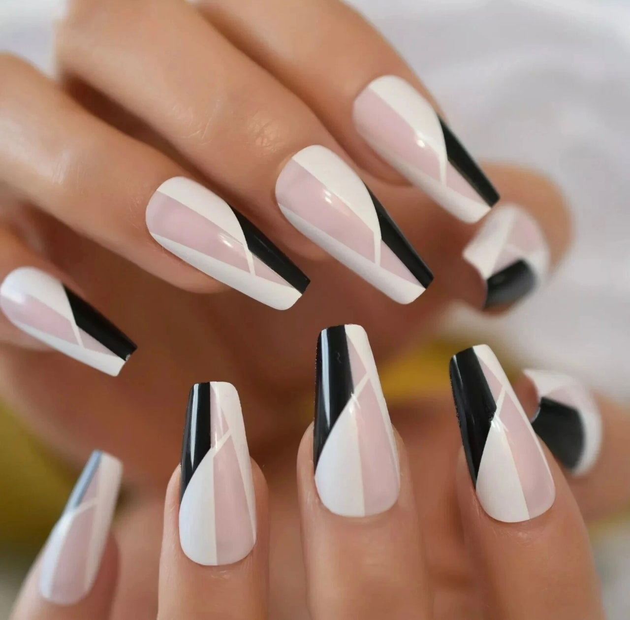 Long Coffin Black & White Nails