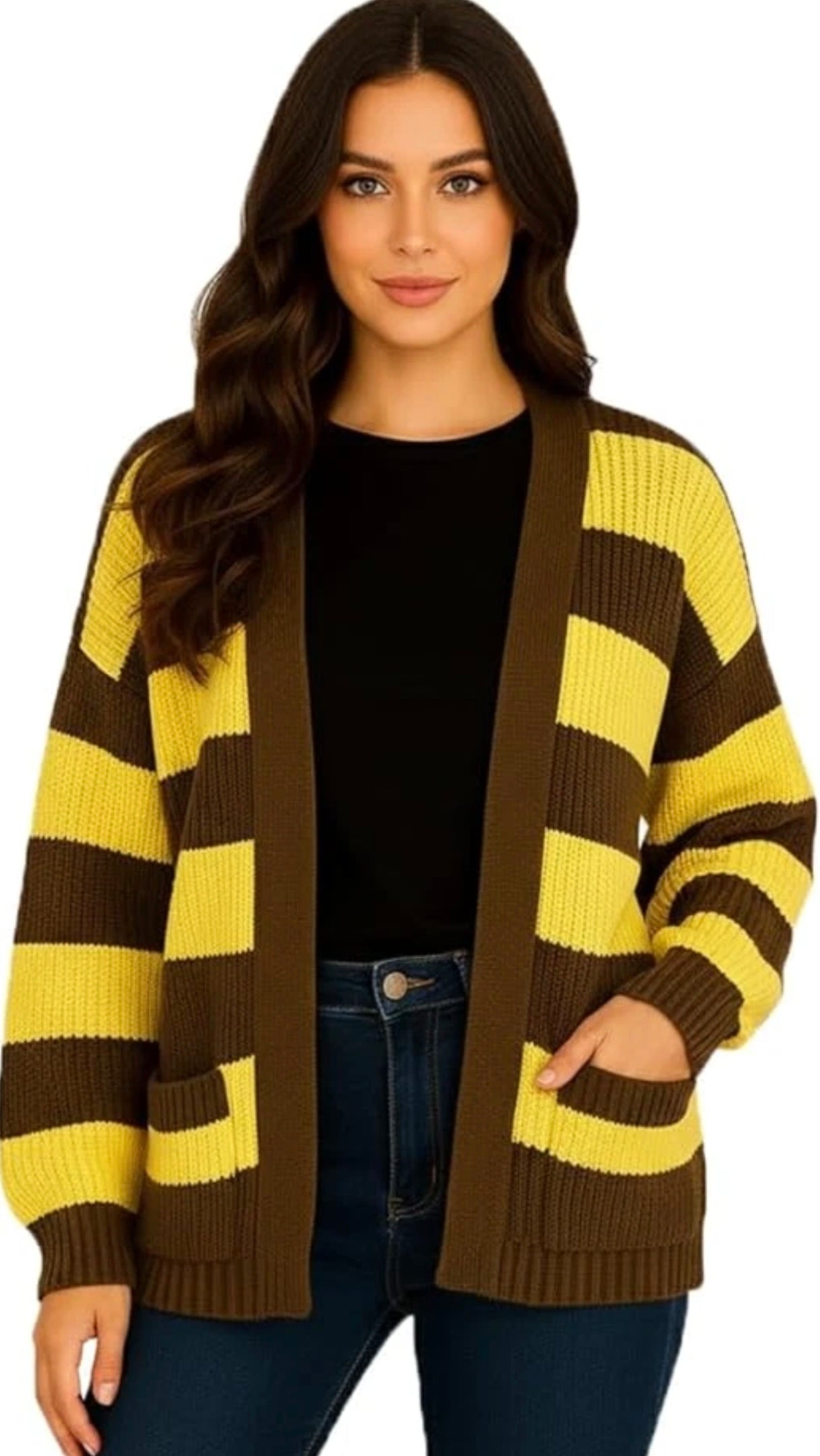 Women's Balloon Sleeved Striped Cardigan