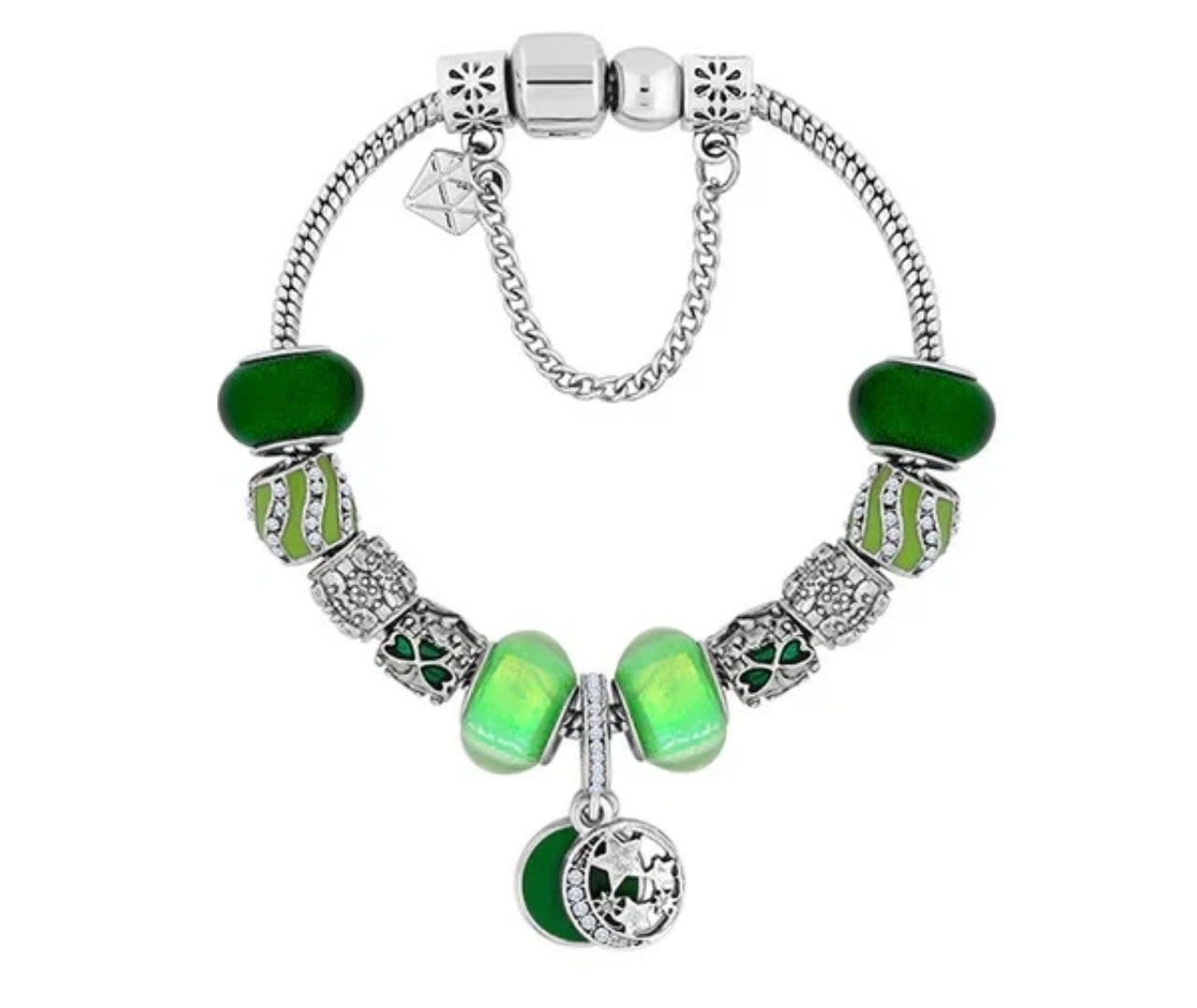 Silver & Green Diamond Style Charm Bracelet