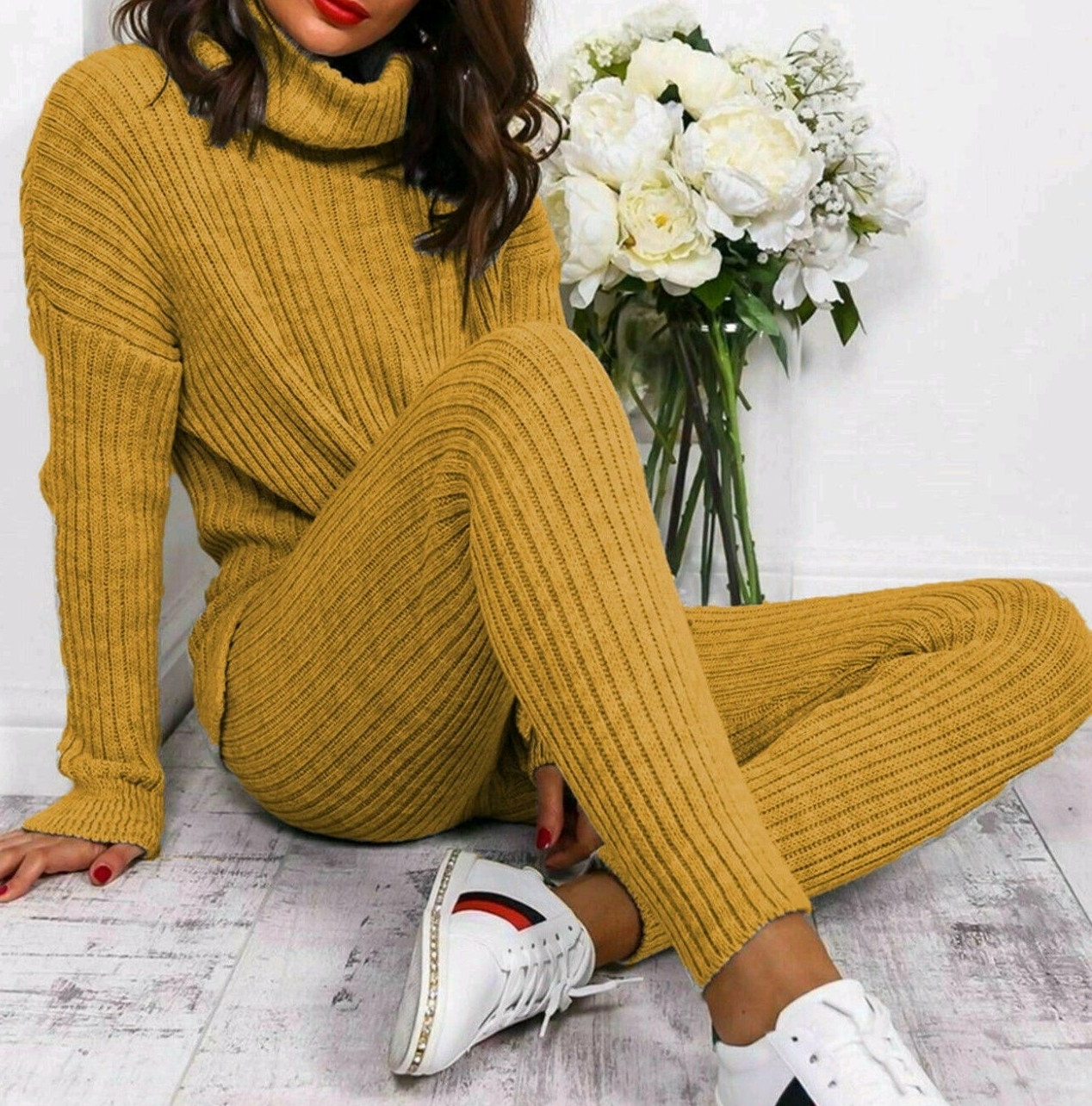 2pc Roll Neck Chunky Knitted Lounge Wear Set