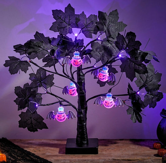 52cm Black Twig Tree With Bats, Pumpkins & Lights