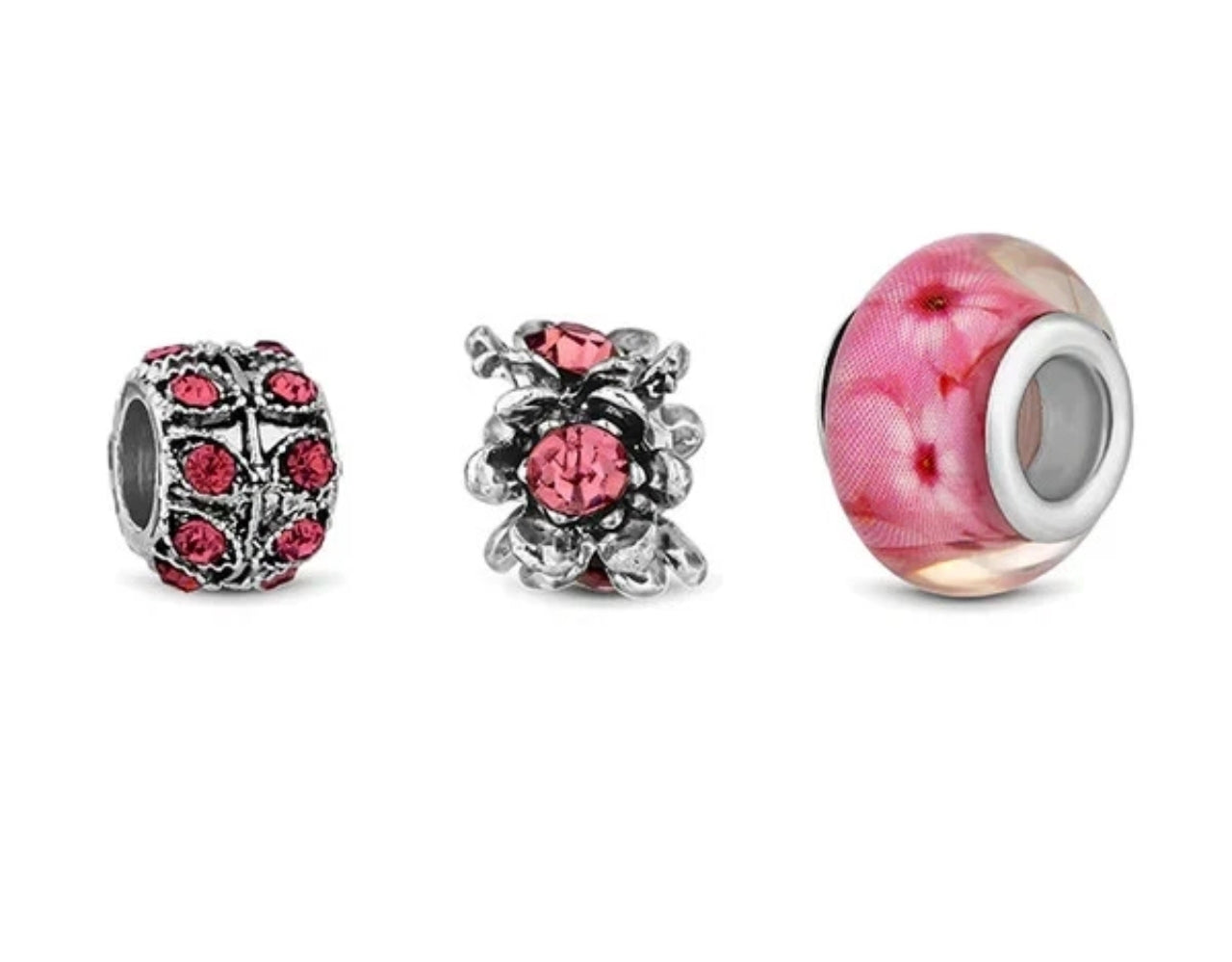 Pink & Silver Flowery Diamond Style Charm Bracelet