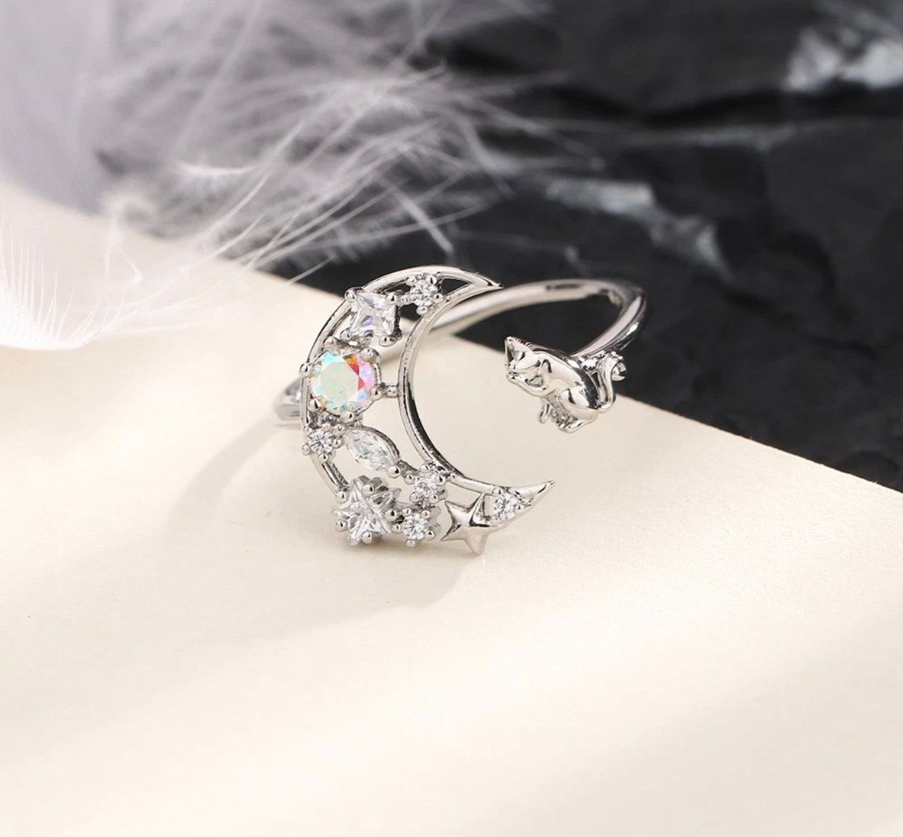 Moonstone Crescent Moon Adjustable Ring