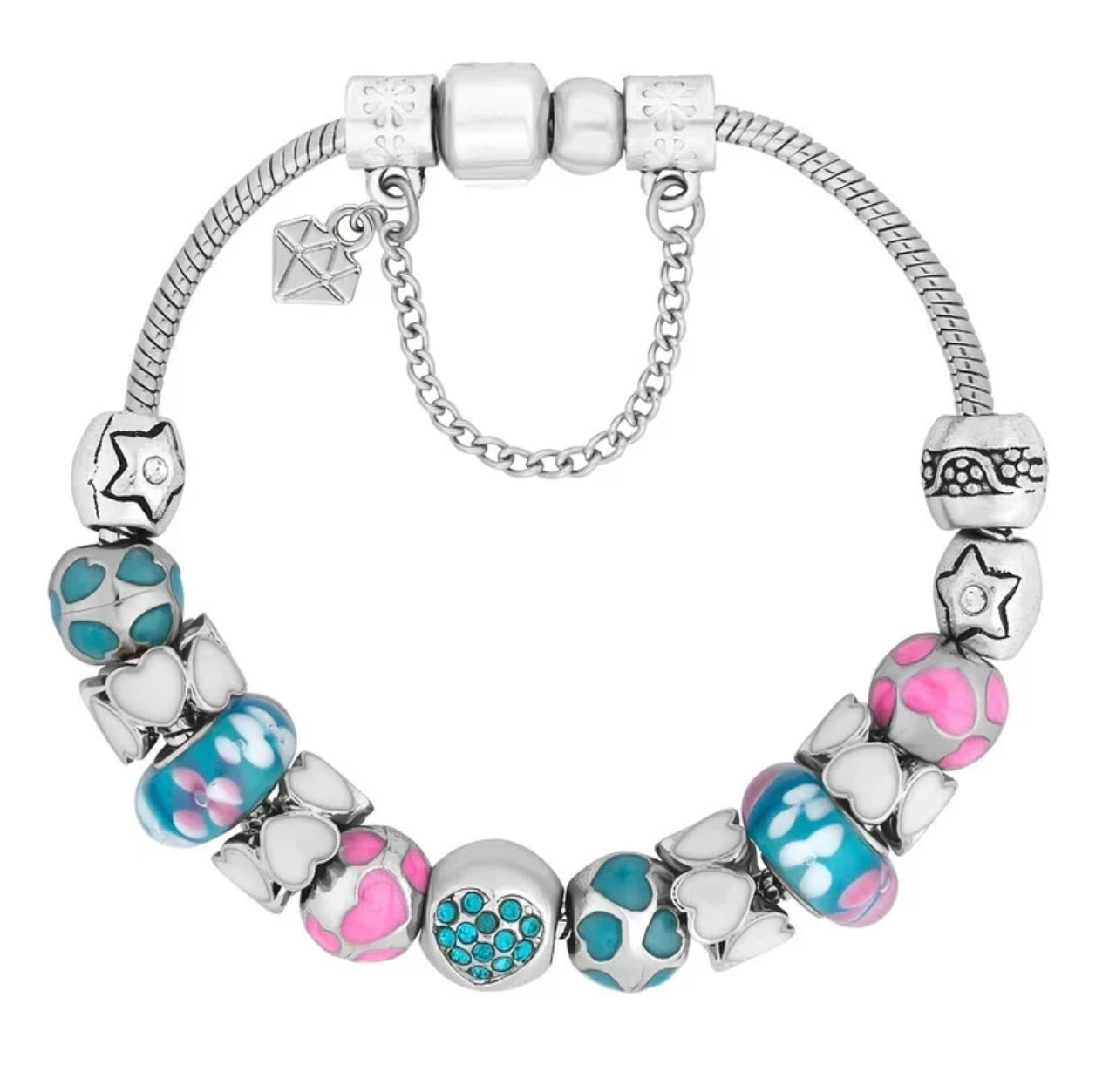 Turquoise & Pink Diamond Style Charm Bracelet