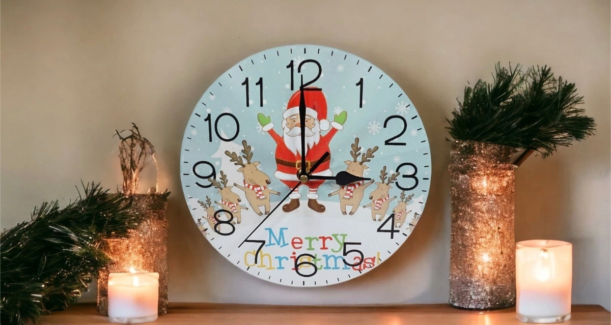 9" Santa & Reindeer Christmas Wall Clock