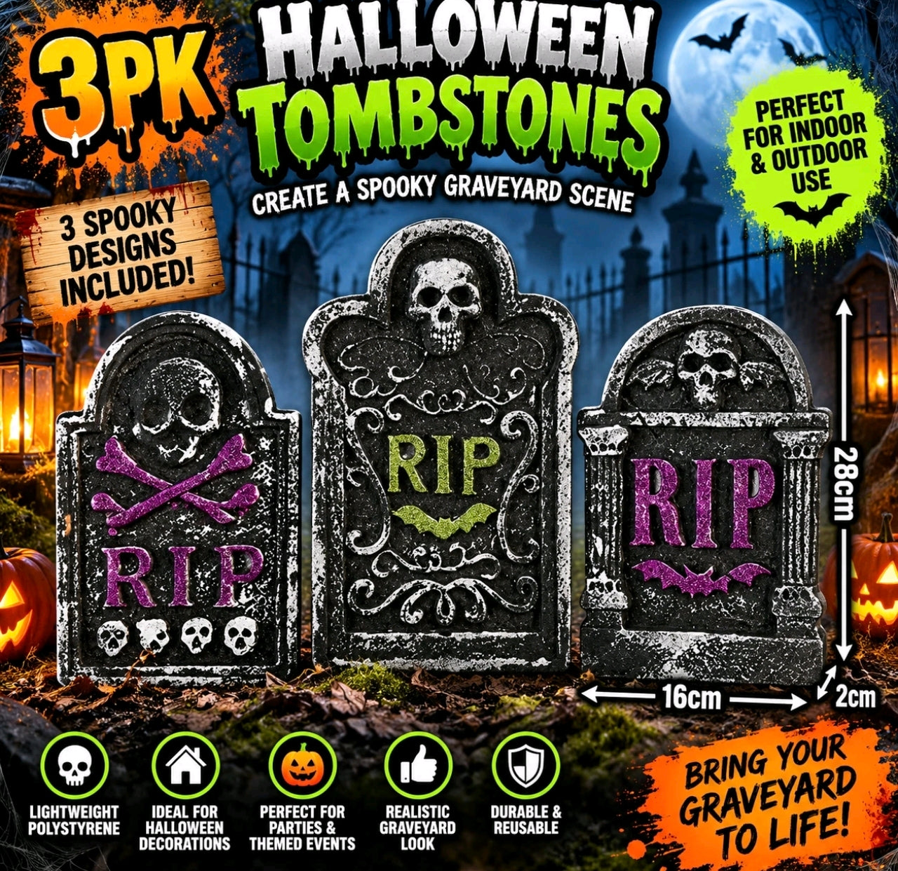 3pk Halloween Gravestone Props