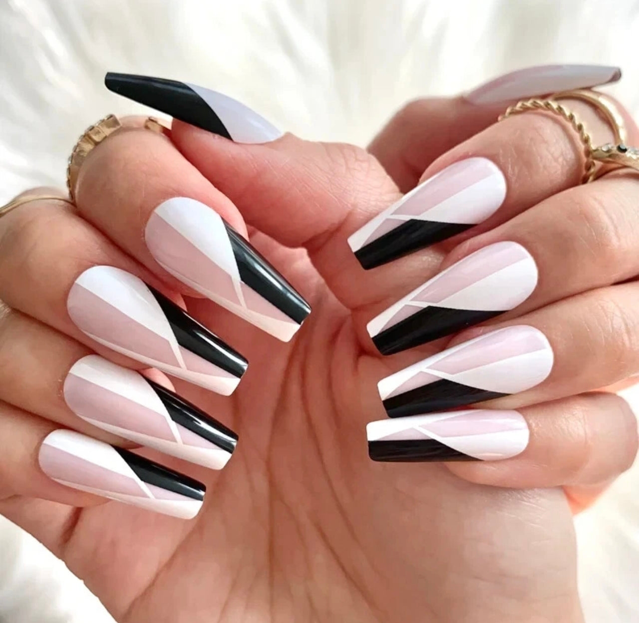 Long Coffin Black & White Nails