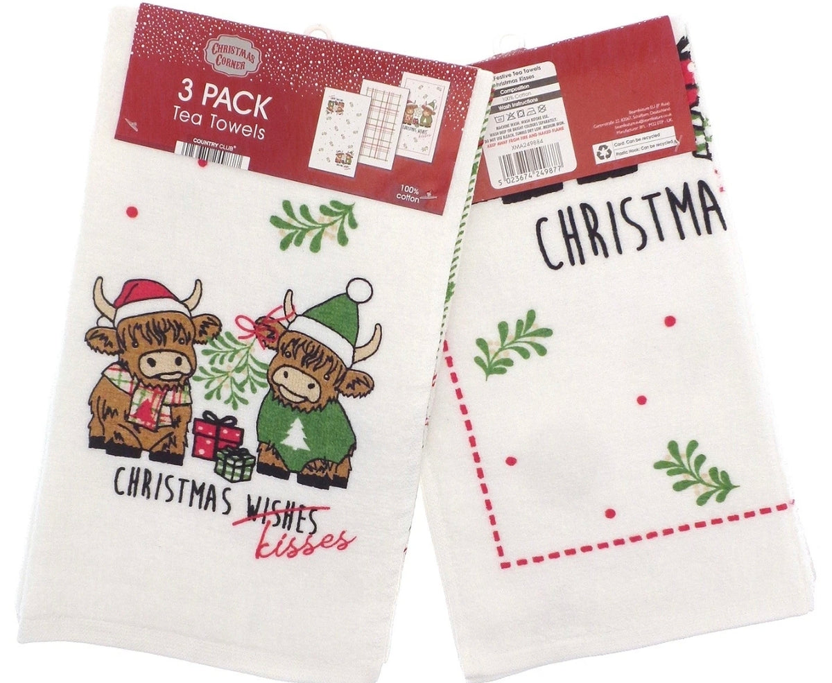 Christmas Highland Cow Kisses Tea Towels 3pk