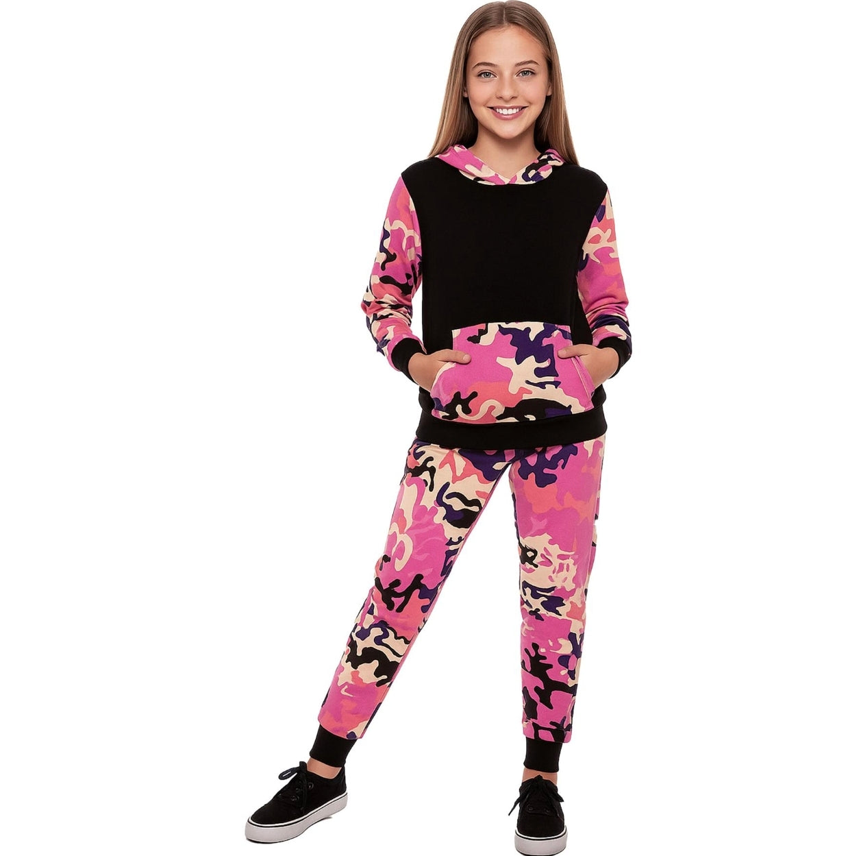 Girls Pink & Black Camo Tracksuit
