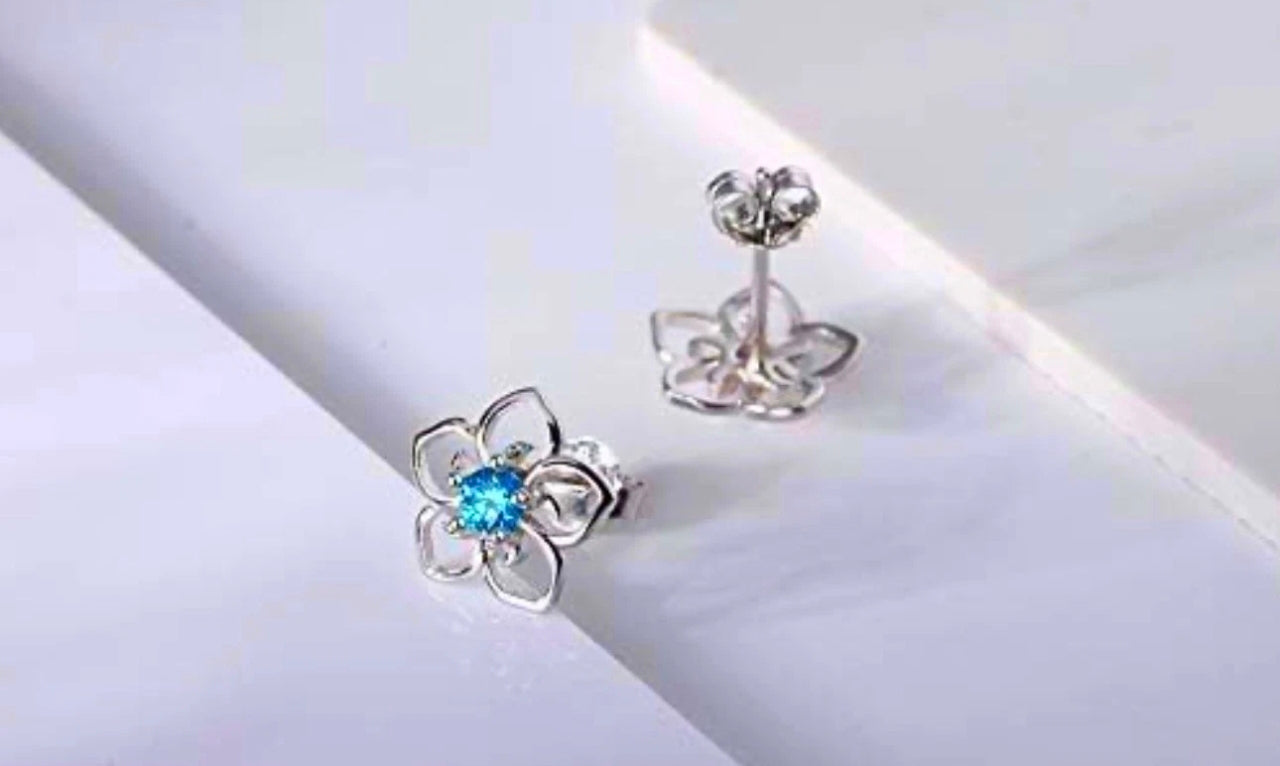 Blue Crystal Flower Stud Earrings