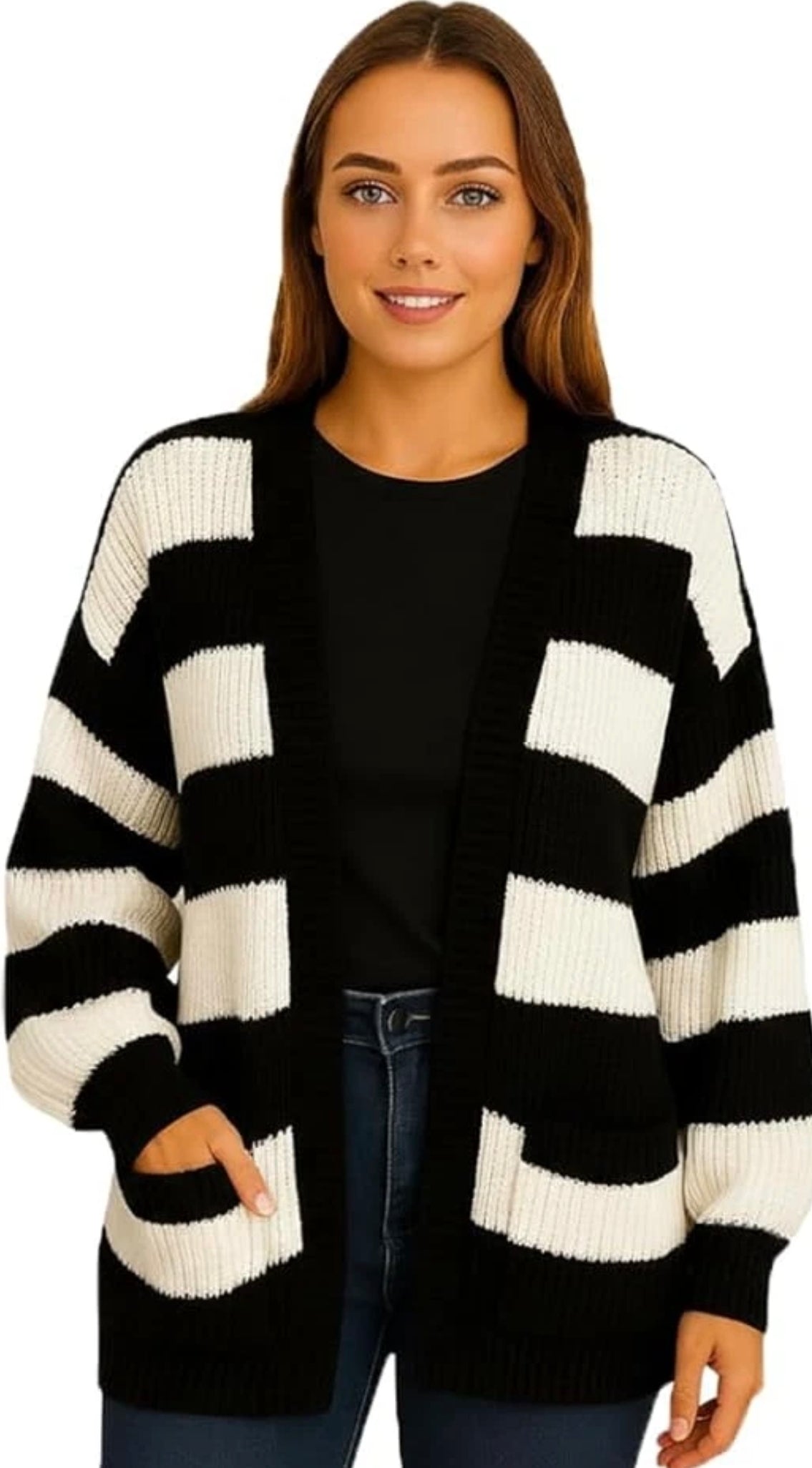 Women's Balloon Sleeved Striped Cardigan