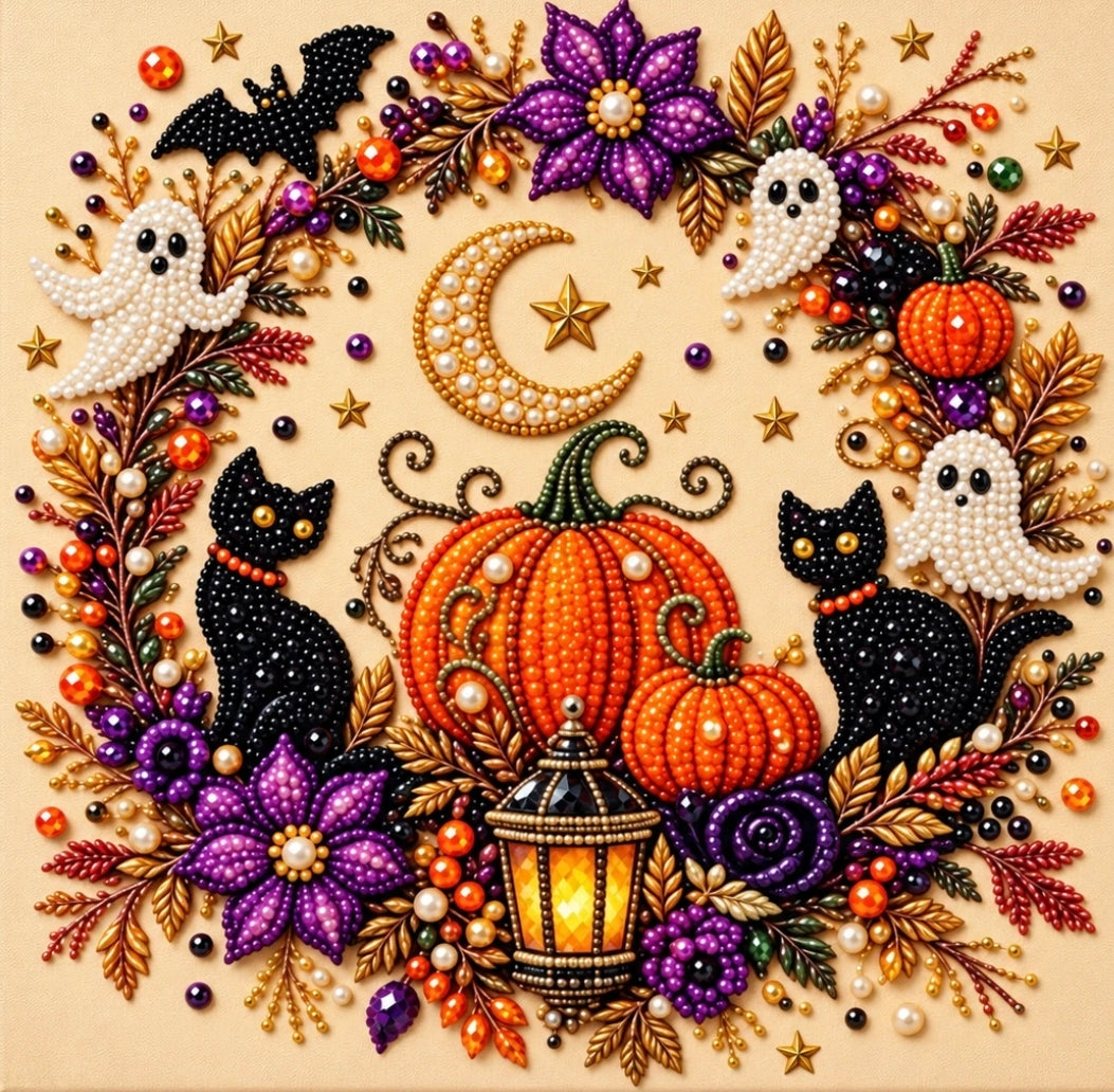 Black Cats & Ghosts Pearl Beaded Diamond Art Kit