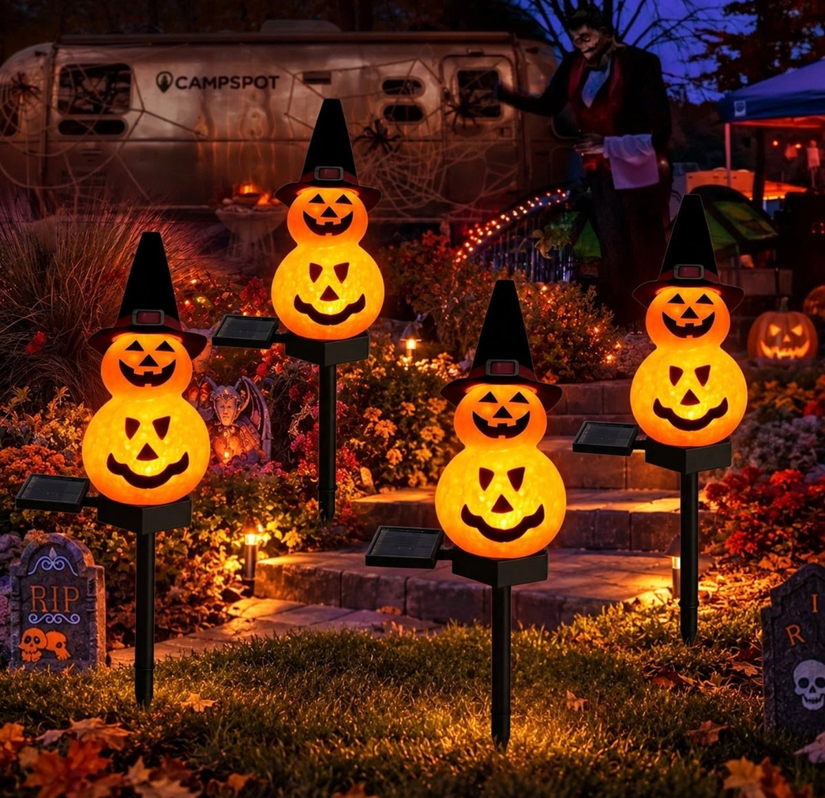 4pc Pumpkin Witch Solar Stake Lights