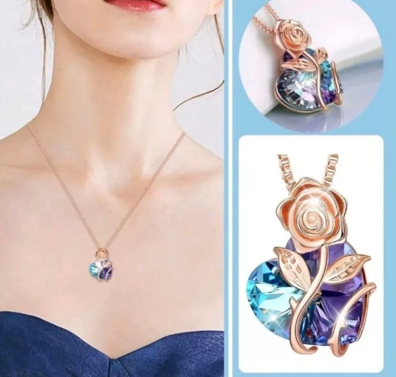 Stunning Colourful Heart & Golden Rose Necklace