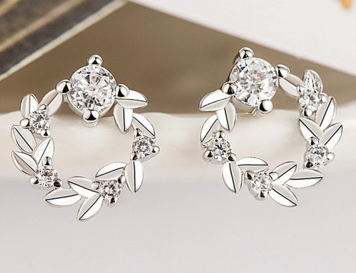 Crystal Leaf Ring Stud Earrings