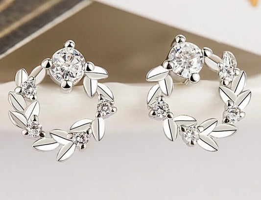 Crystal Leaf Ring Stud Earrings