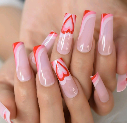 Long Square Love Heart Nails