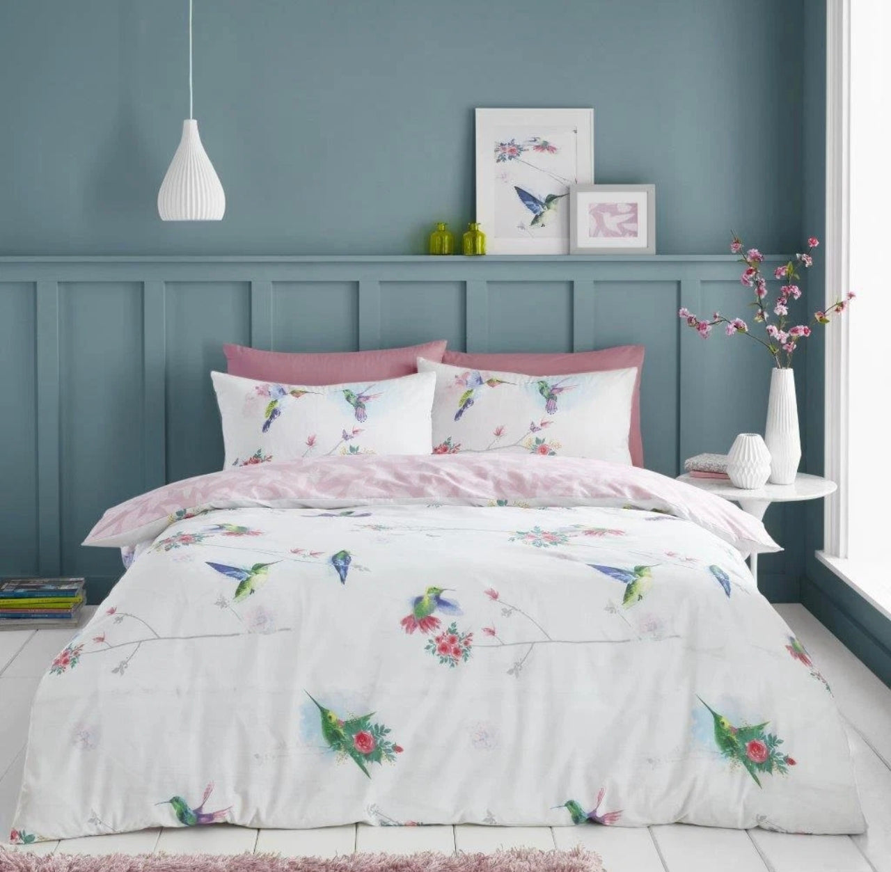 Pink Flower Hummingbird Double Duvet Set