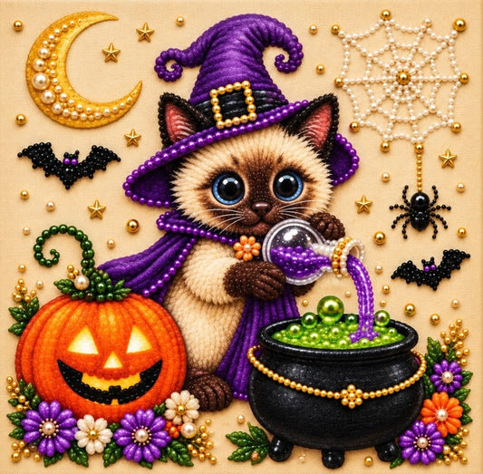 Halloween Cat Making Potions Pearl Beaded Diamond Art Kit