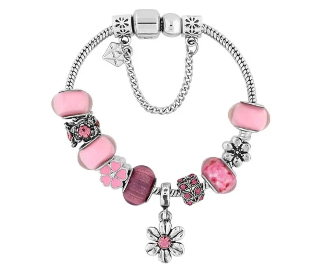 Pink & Silver Flowery Diamond Style Charm Bracelet