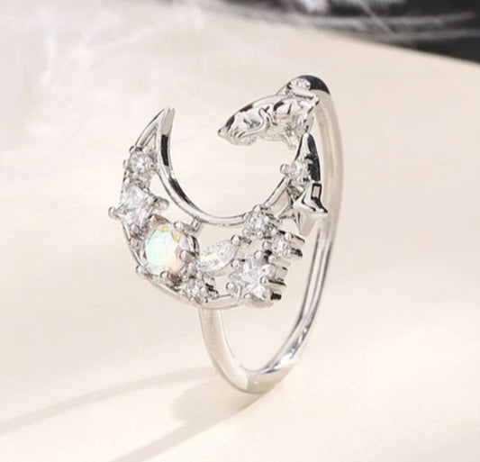 Moonstone Crescent Moon Adjustable Ring