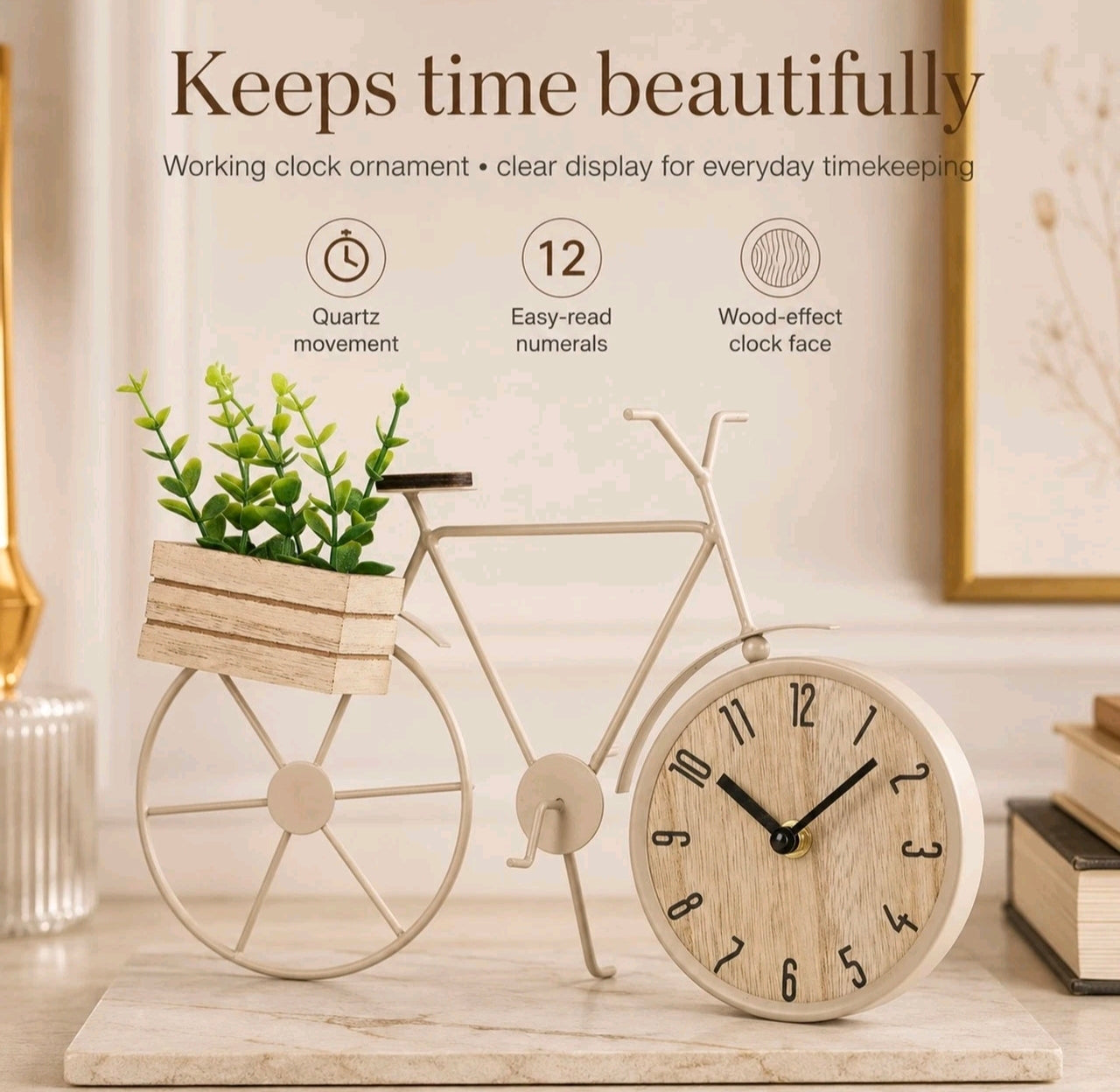 Bicycle Clock Ornament w/Wooden Planter