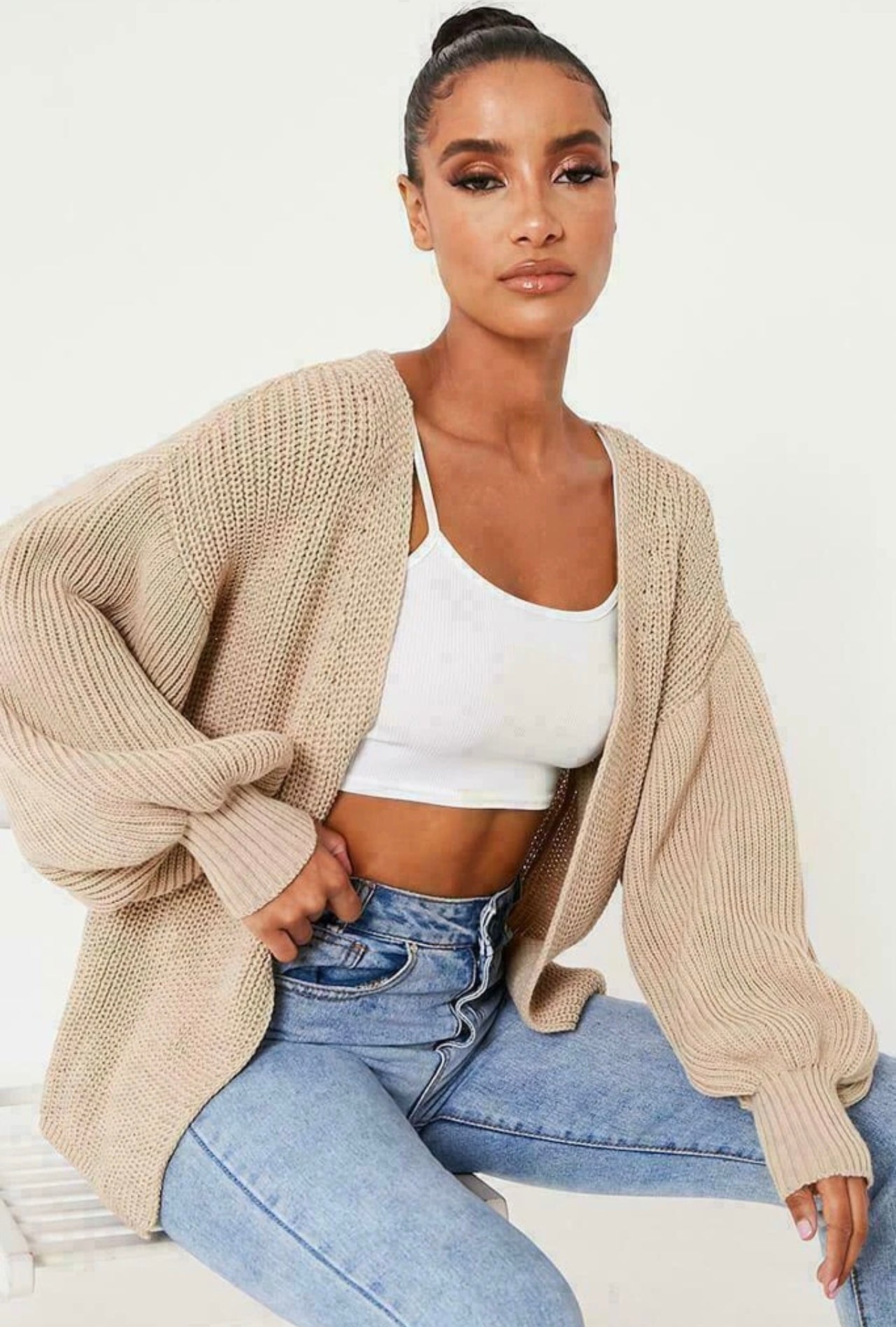 Short Oversized Balloon Sleeved Chunky Cardigan