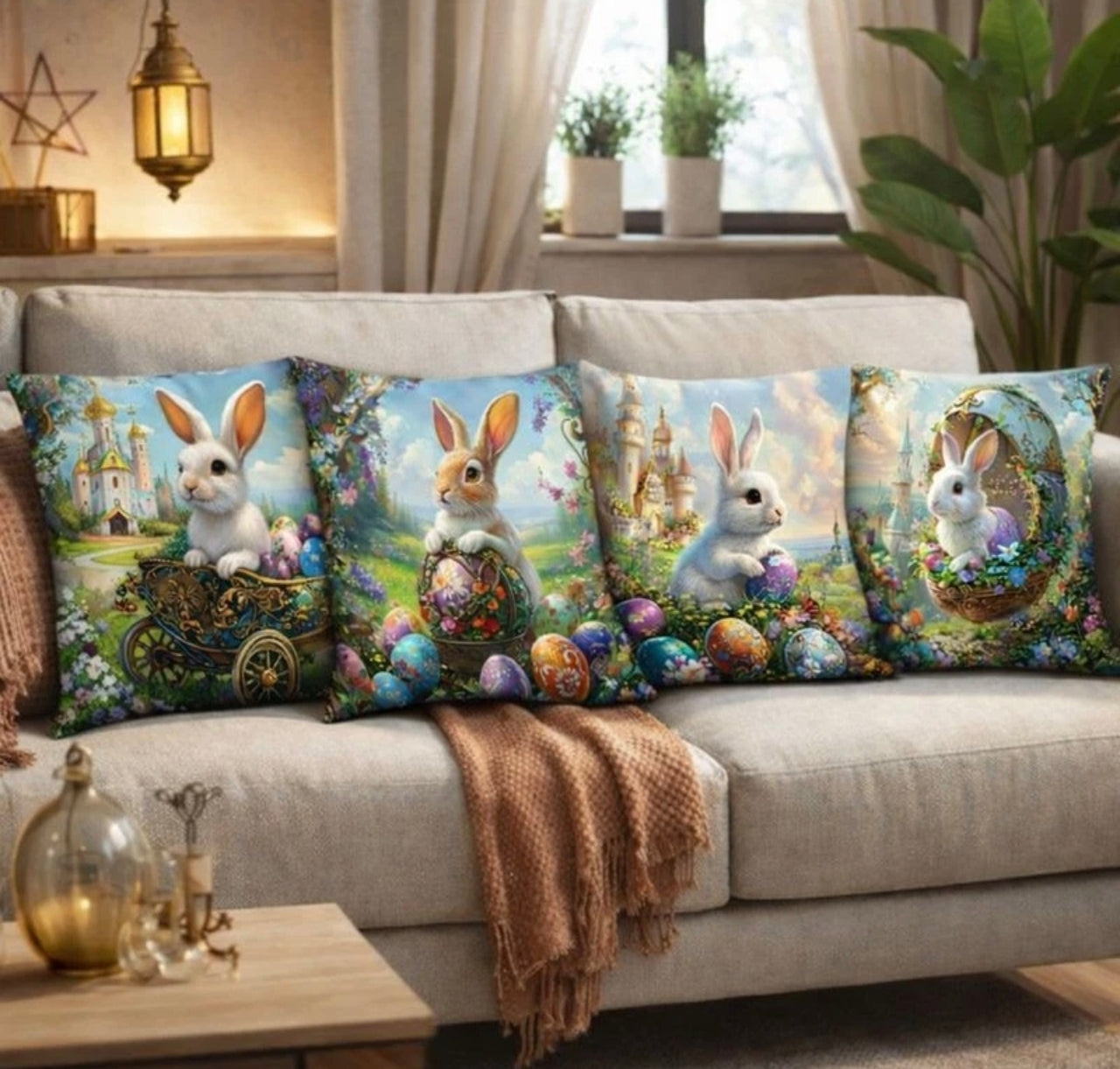 Set Of 4 Easter Bunny Cushion Covers
