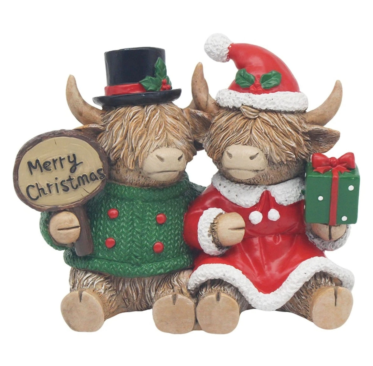 Festive Highland Cow Couple Resin Ornament