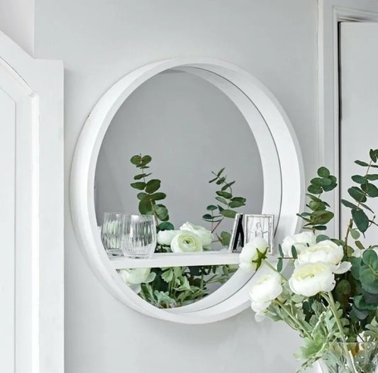 White Round Mirror with Shelf