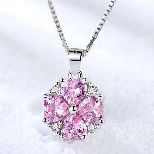 925 Sterling Silver Pink Heart Crystal Necklace