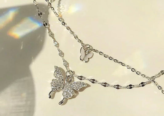 925 Sterling Silver Double Layer Butterfly Necklace