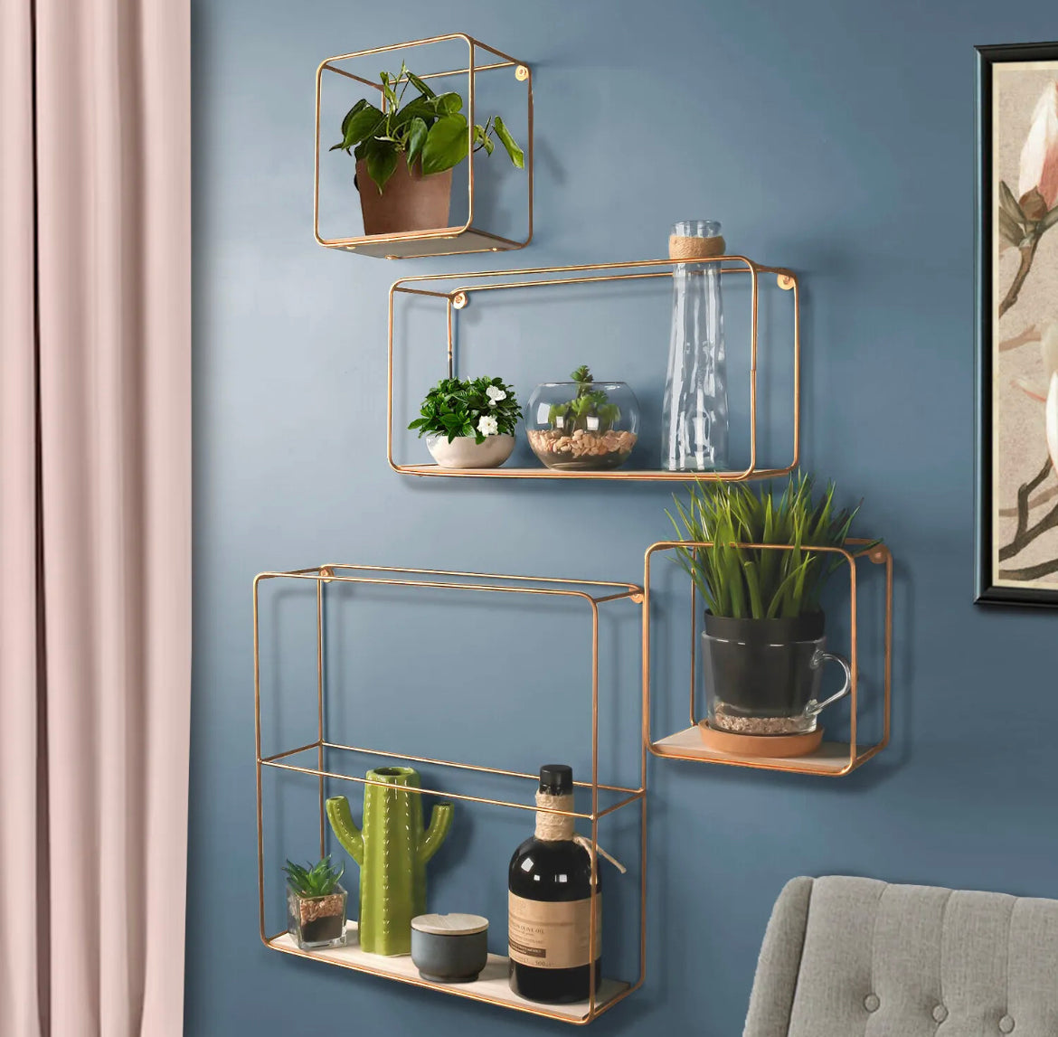 Set Of Four Gold Wire Floating Shelves