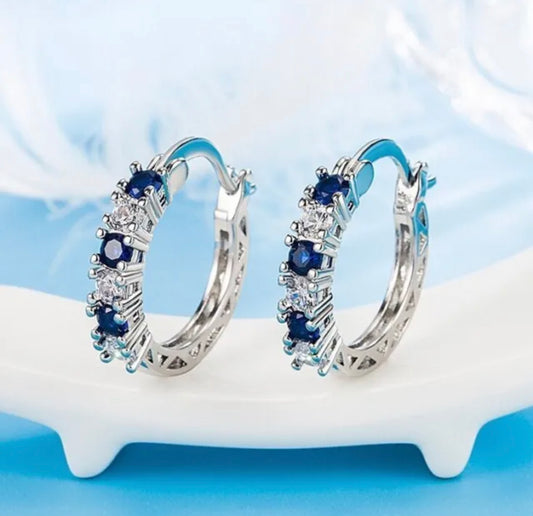 925 Sterling Silver Blue Crystal Hoop Earrings