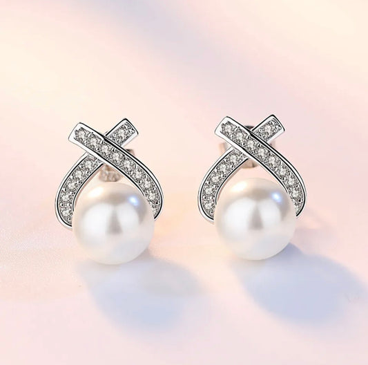 Crystal Pearl Bow Earrings