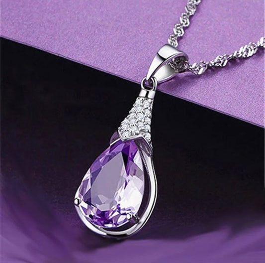 925 Sterling Silver Purple Crystal Water Drop Necklace