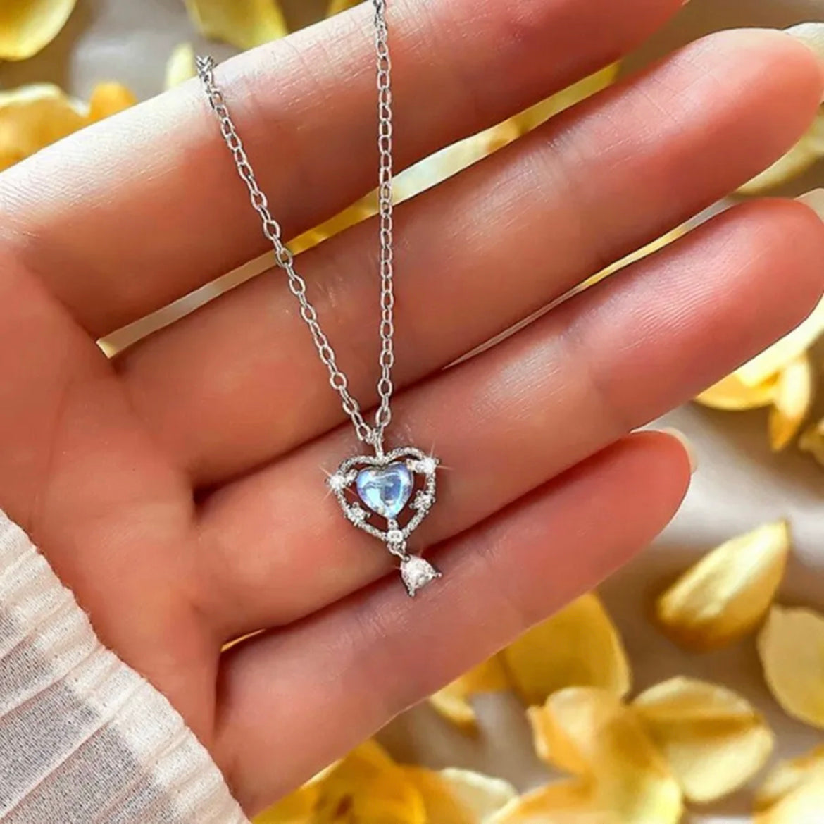 925 Sterling Silver Moonstone Heart Drop Necklace