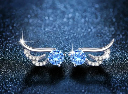 925 Sterling Silver Blue Crystal Angel Wing Earrings