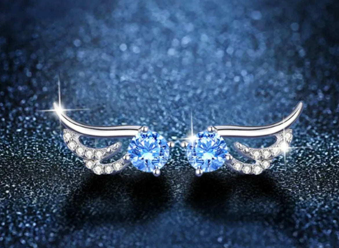 925 Sterling Silver Blue Crystal Angel Wing Earrings